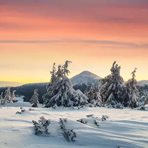Fantastic orange winter landscape in snowy mountains glowing by sunlight. Dramatic wintry scene with snowy trees. Christmas holiday background