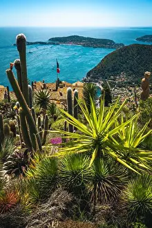 Botanical Garden Prints: Fantastic panorama view with azure blue Mediterranean Sea from the admirable botanical garden of Eze