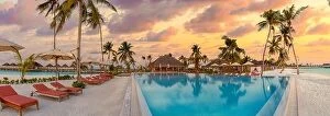 Images Dated 2nd August 2019: Fantastic panoramic poolside, sunset sky, palm trees. Luxury tropical beach landscape