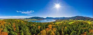Idyillic Prints: Fantastic panoramic view over the bavarian lake Tegernsee in autumn with fall colors