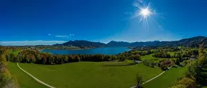 Idyillic Prints: Fantastic panoramic view over the bavarian lake Tegernsee in autumn with fall colors
