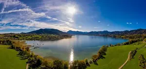 Idyillic Prints: Fantastic panoramic view over the bavarian lake Tegernsee in autumn with fall colors