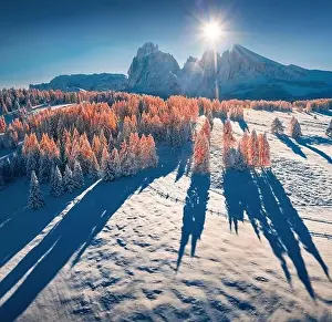Dolomiten Prints: Fantastic view from flying drone of Alpe di Siusi village with Plattkofel peak on background