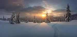 Hoarfrost Prints: Fantastic winter landscape panorama in snowy mountains glowing by evening sunlight