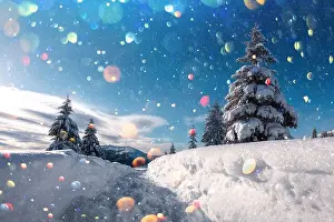Fantastic winter landscape with snowy trees in high mountains. DOF bokeh light postprocessing effect. Christmas holiday collage