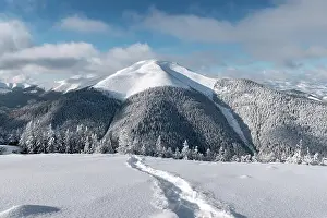Fantastic winter landscape with snowy trees and snowy peaks. Carpathian mountains, Ukraine. Christmas holiday background. Landscape photography