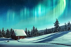 Fantastic winter landscape with wooden house in snowy mountains and northen light in night sky
