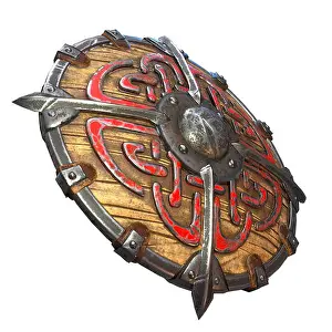 Armored Prints: Fantasy round viking wooden shield on an isolated background. 3d illustration