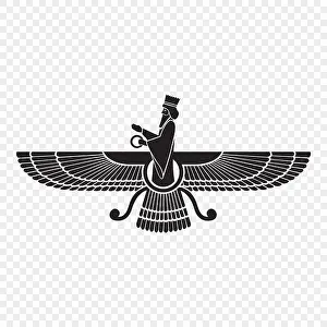 Iranian Prints: Faravahar. Symbol of Zoroastrianism. Vector illustration. Template for your design