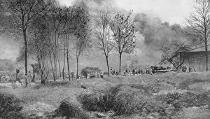 Devastation Prints: A farm on fire from German incendiary bombs, Artois, France, World War I, 1915