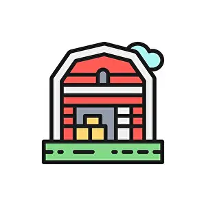Farm House Prints: Farm house landscape flat color line icon