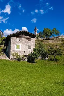 Dolomites Prints: A farmers house, green pastures and trees of the village Deggia