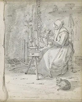 Farmers Prints: Farmers interior with a woman on a spinning wheel