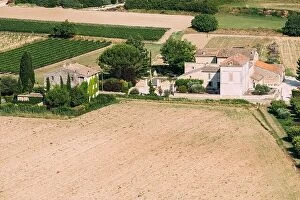 Aerial Landscape Collection: Farms Fields of the South of France. Sunny summer day. Agricultural rural landscape. Copy space