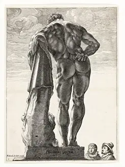 1590s Prints: Farnesian Hercules, engraving in copperplate by Hendrik Goltzius, circa 1592