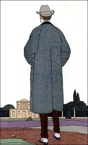 Fashion plate of man's overcoat, overcoat worn with felt homburg (hat) and spats. 1914. Bernard B. Demonvel (?) 12 Mens Overcoat and spats 1914