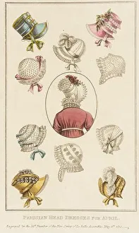 Fashion Plate, Parisian Head Dresses for April for La Belle Assemblée'. John Bell (England, 1745 - 1831). England, London, May 1, 1812