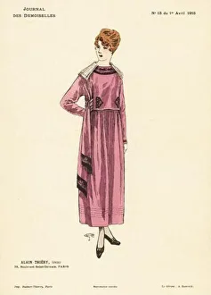 Fashionable woman in an ankle-length cerise dress with lace collar, embroidered panels, matching sash