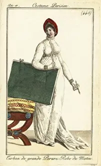 Gown Prints: Fashionable woman with art portfolio and pen