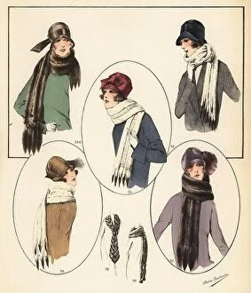 Eras of Dressing Collection: Fashionable women in cloche hats and fur scarves. Mink scarf with heads and tails 93a, ermine 94