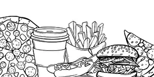 Hot Dog Prints: Fast Food Vector illustration. Horizontal banner with street food