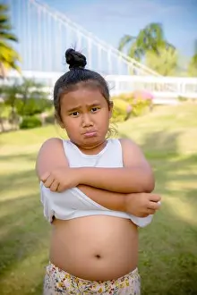 Fat girl kid show big Belly, paunch, girl like eat