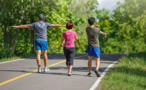 Taiwanese Prints: Father mother and adult son exercise in the park