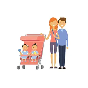 Relative Prints: father mother baby twins double pink stroller full length avatar on white background