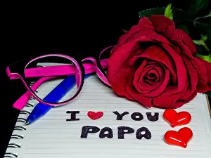Fatherhood Prints: Father's day concept. I LOVE PAPA message write on note book with red rose
