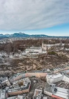 Feb 6, 2020 - Salzburg, Austria: Aerial drone shot of Modern Art Museum on top of Monchsberg