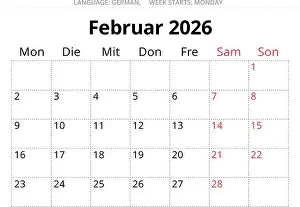 Monthly Calendar Prints: February 2026 German calendar planner – Februar. Vector illustration for Germany