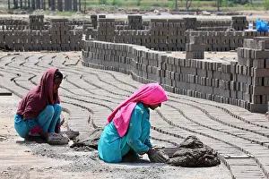 Starkpix Prints: female brickyard worker form clay bricks on a field of the Patoki Brick Kiln near Lahore
