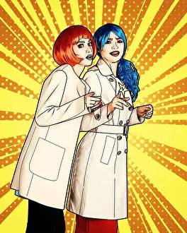 Pop Art Prints: Female detectives investigate a crime. Young women in comic pop art make-up style