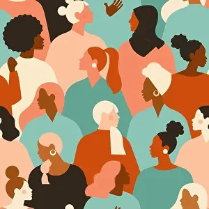 Female diverse faces of different ethnicity seamless pattern. Women empowerment movement pattern. International womens day graphic in vector