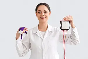 Sickness Prints: Female doctor with elastic belt and blood pack on light background