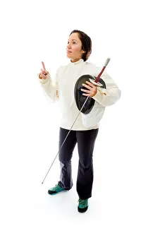 Index Finger Prints: Female fencer holding a mask and sword with pointing up