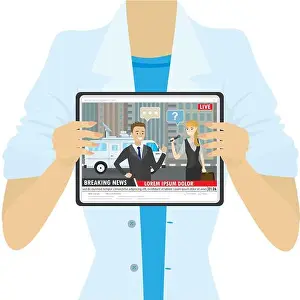 Breaking Prints: Female holding tablet pc, TV report or breaking news on the screen