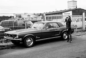 Classic Car Prints: Female model and old car. Ford mustang