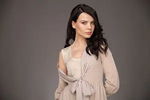 Gray Background Prints: female model posing for fashion shoot