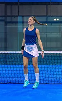 Sneakers Prints: A female padel player in sportswear and a skirt jumps for joy