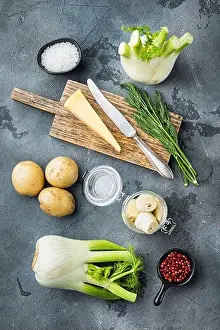 Grey Background Prints: Fennel and artichoke with parmesan raw ingredient, on grey background, flat lay