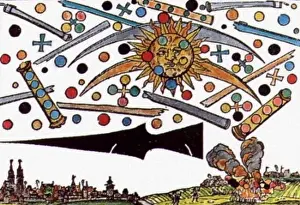 Fenómeno celeste de Nüremberg en 1561 Deutsch: Himmelserscheinung über Nürnberg vom 14. April 1561 (Nürnberger Flugblatt) English