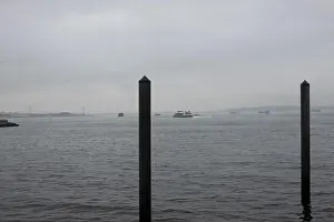 Wake Prints: ferry boat in NYC harbor with the Verrazzano Narrows bridge in the background