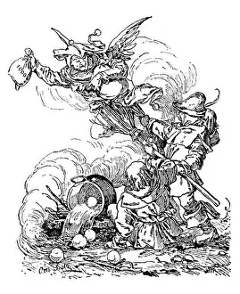 Fools Prints: festivities, carnival, jester stealing money mag from three men during meal