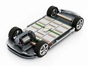 Electric Vehicle Prints: Fictitious electric car chassis with electric engine and batteries. 3D illustration