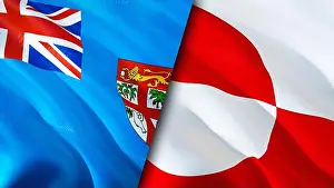 Travel Background Prints: Fiji and Greenland flags. 3D Waving flag design