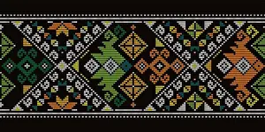 Filipino traditional art - Yakan cloth inspired vector seamless long horizontal pattern, retro textile or fabric print design from Philippines on blac