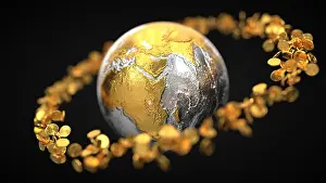 Orbital Prints: finance concept with gold coins around metallic earth globe. 3d illustration