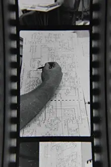 Regular Prints: Fine 70s vintage contact print black and white photography of handwriting complicated engineering drawings on paper