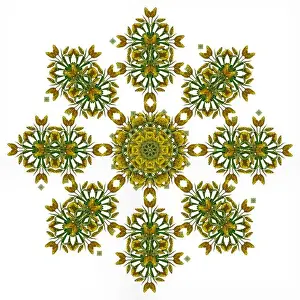 Repetitive Prints: Fine art floral decorative and symmetrical fractal color pattern made from macros of yellow dark green red tulips